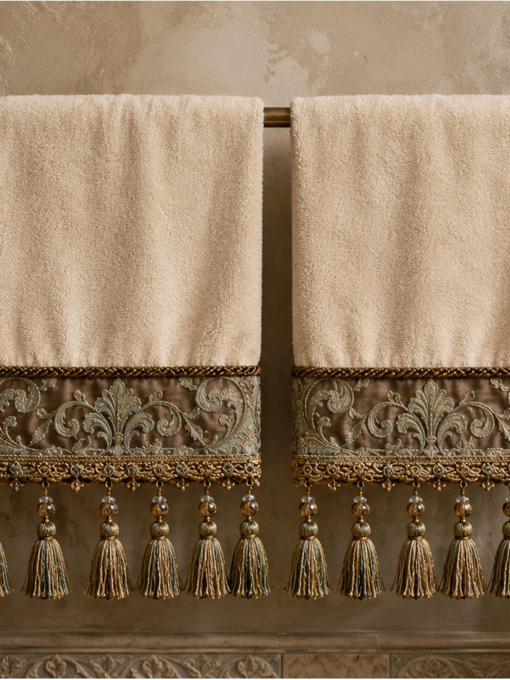 Croscill Cream Decorative Hand Towels with Gold Tassel Trim- Set of Two (2)